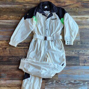 Vintage Descente Made in Japan Men's Snow Ski Suit Belt Zip/Snap White Black